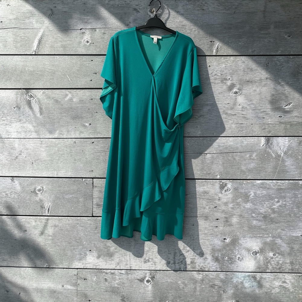 Isaac Mizrahi Dynasty Green Pebble Knit Ruffle Hem Wrap Dress XL